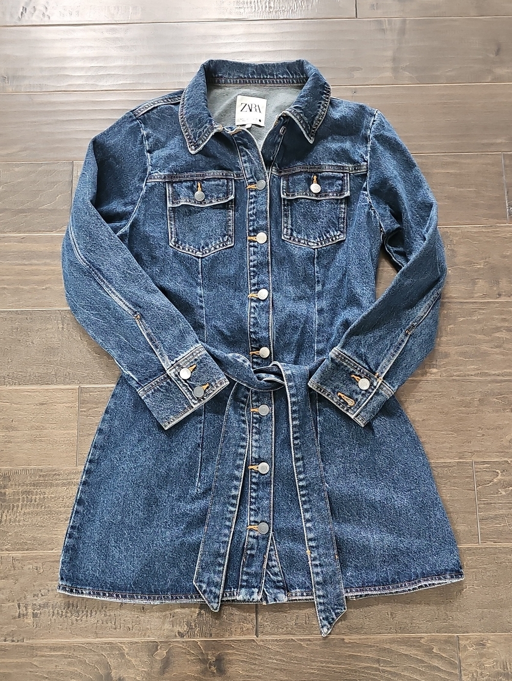 ZARA Dark Blue Denim Button-Front Jacket Dress with Tie - Sz Large - Picture 5 of 10